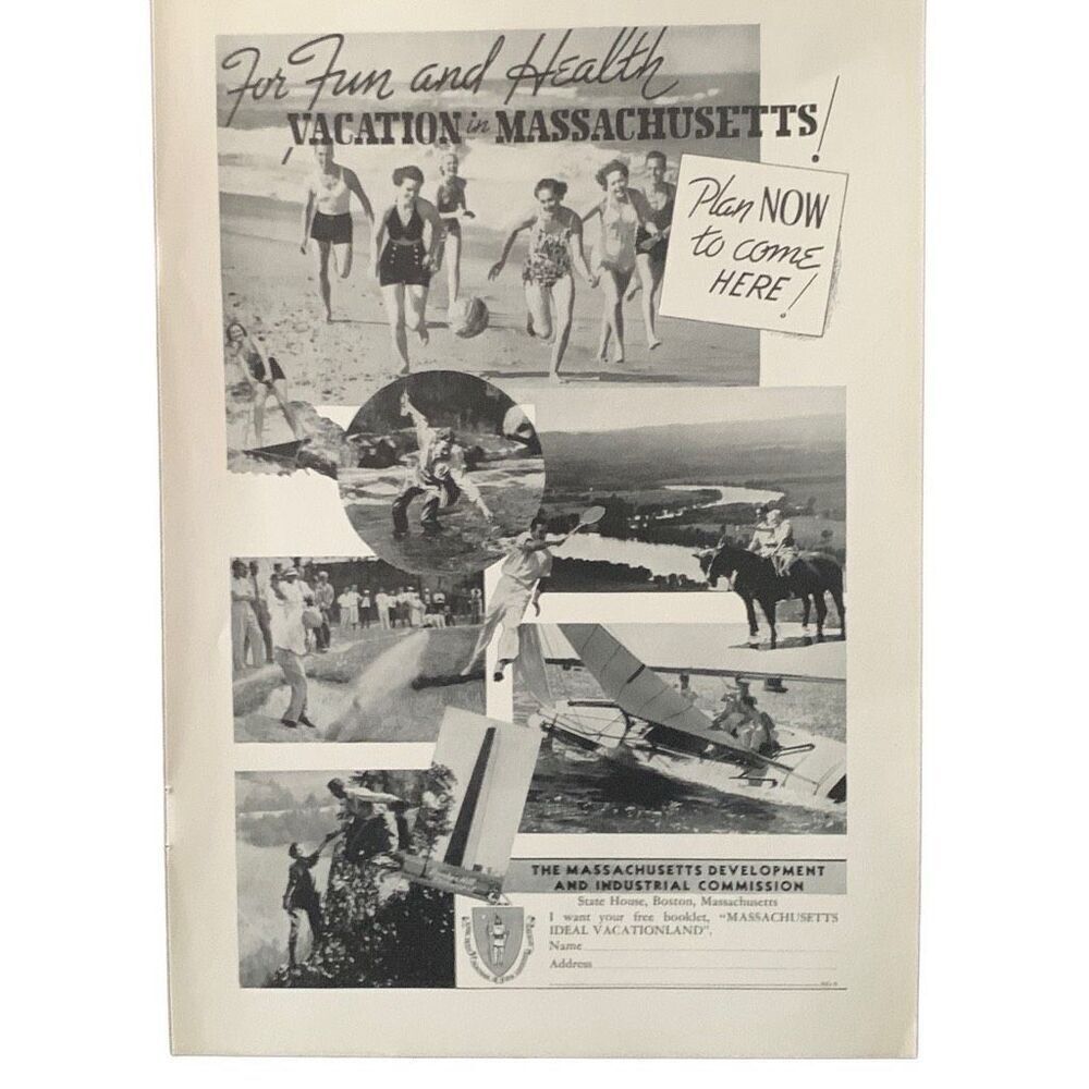 Vintage 1938 Massachusetts Fun and Health Vacation Ad Advertisement
